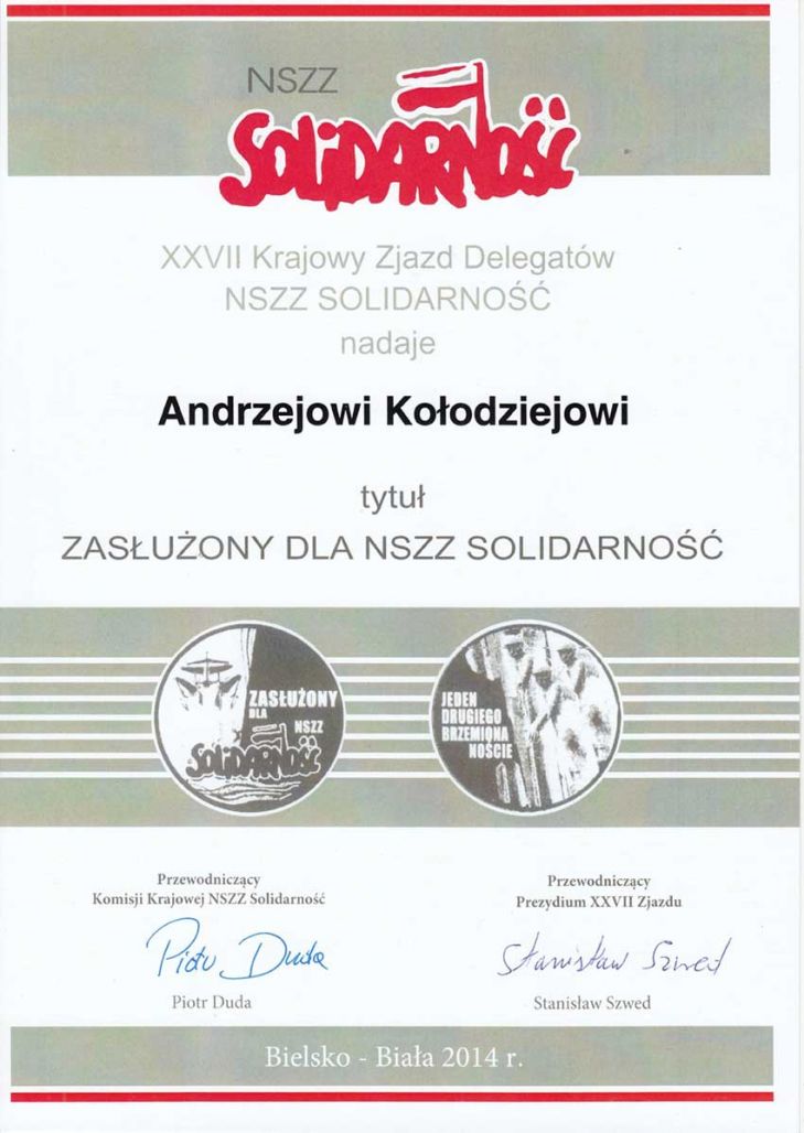 Andrzej Kołodziej „Zasłużony dla NSZZ Solidarność”